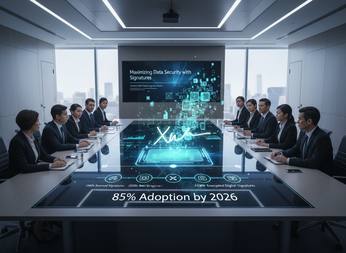 Corporate boardroom with holographic display showing evolution of electronic signatures, highlighting 85% adoption by 2026.