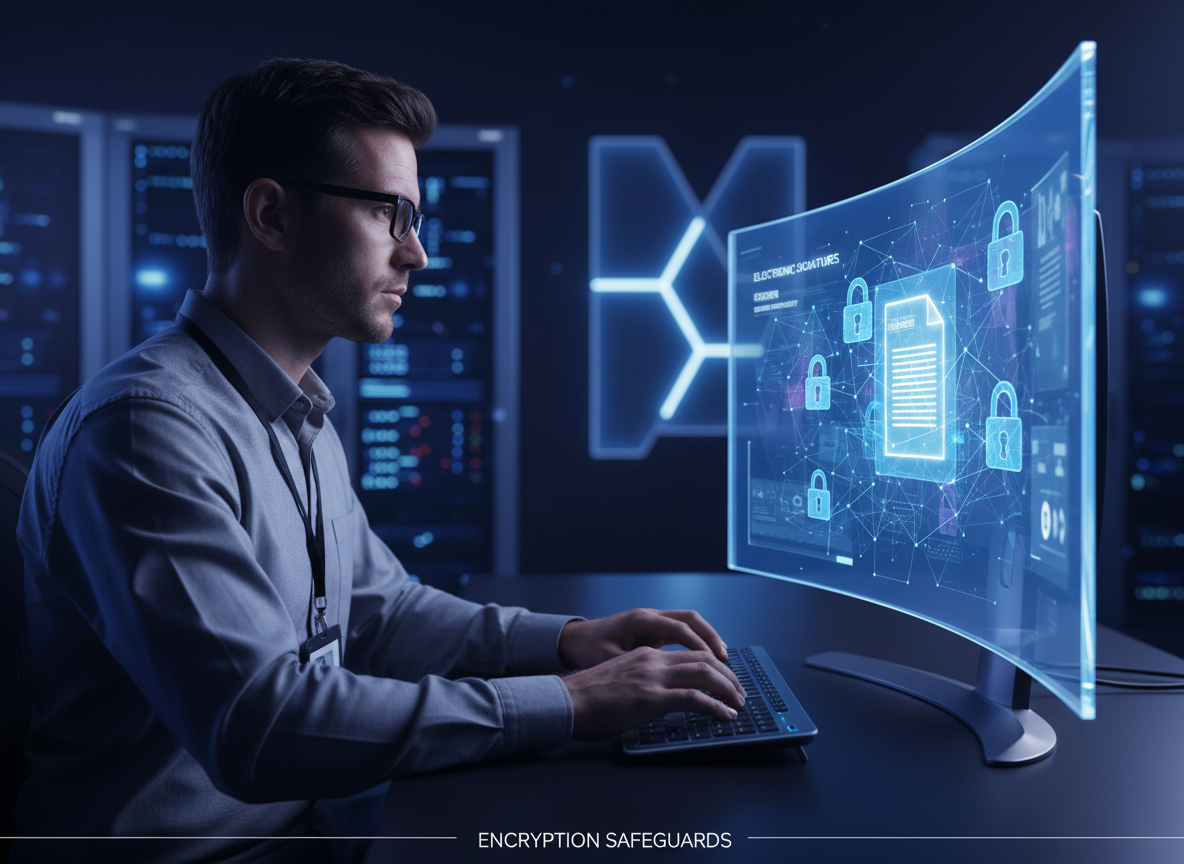 IT professional in cybersecurity lab examining encrypted digital document, with focus on encryption safeguards.