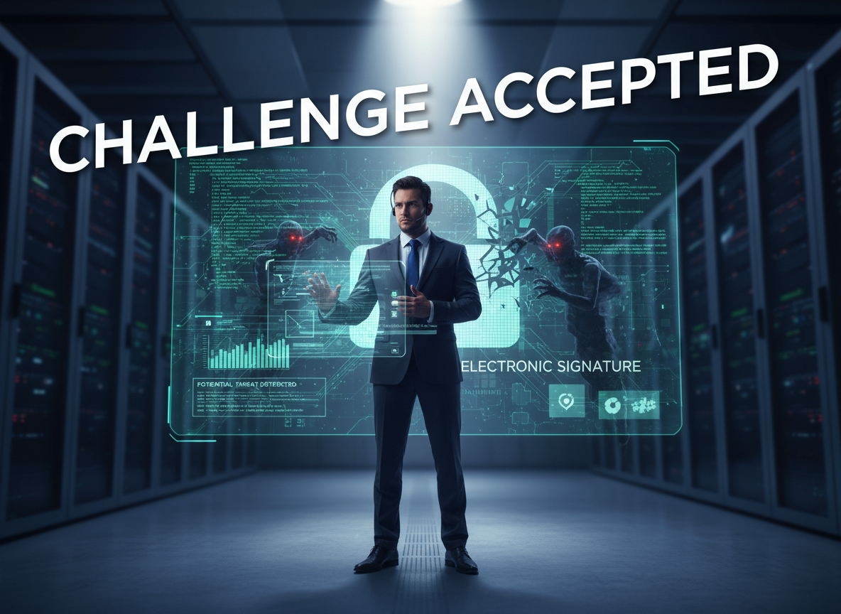 Cybersecurity analyst in office combating digital threats to electronic signatures, with 'Challenge Accepted' text.