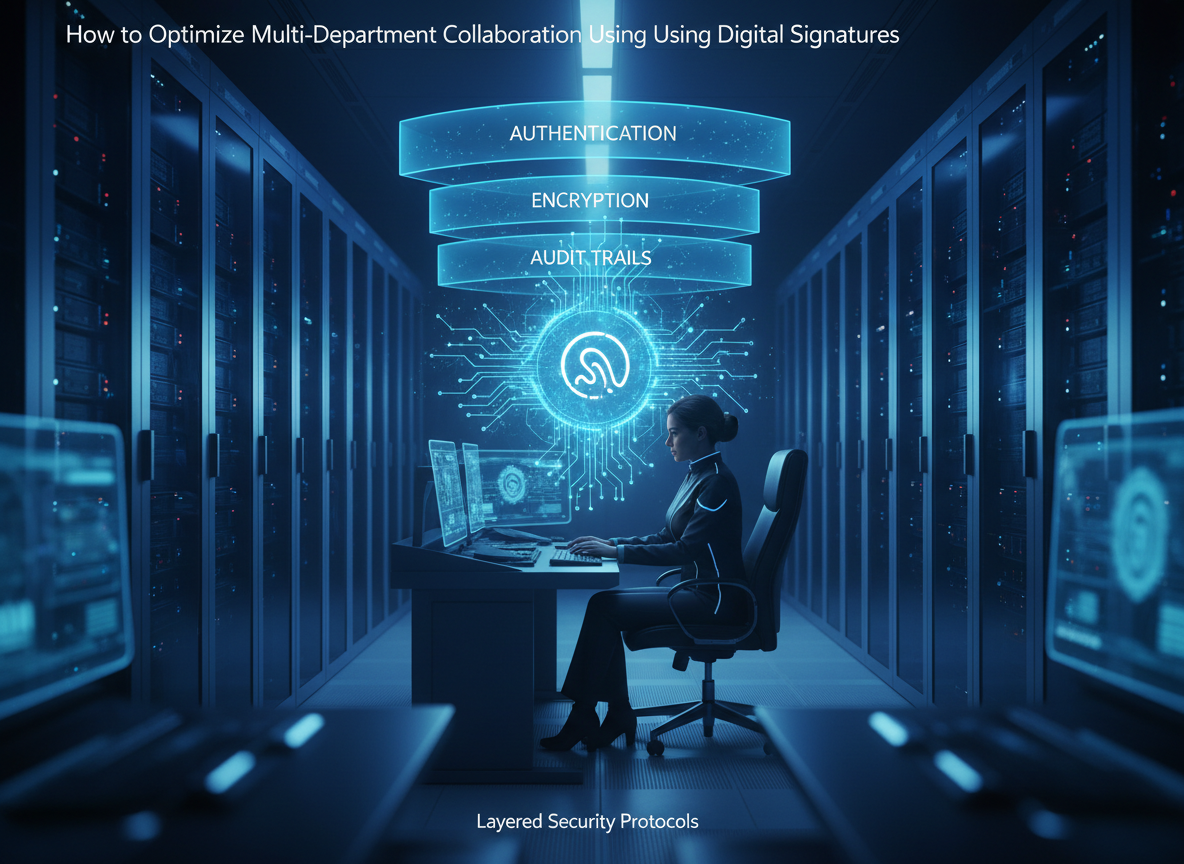 Futuristic server room with holographic layers labeled 'Authentication,' 'Encryption,' and 'Audit Trails' protecting a central digital signature icon.