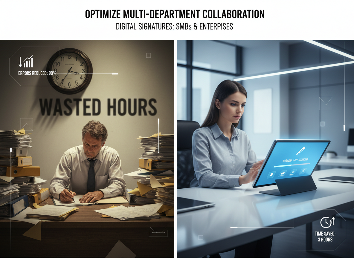 Split-screen showing manual workflow with paper clutter versus digital workflow with streamlined signing and syncing on a tablet.