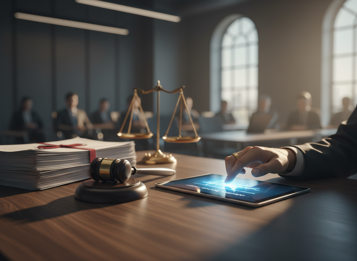 A courtroom desk with a glowing electronic signature on a tablet next to traditional legal documents and a gavel, symbolizing legal acceptance.