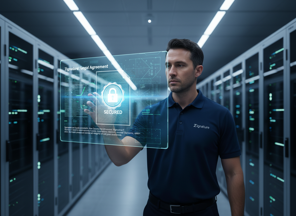 An IT professional in a server room examining a holographic interface with encrypted data and a sealed lock icon, symbolizing secure electronic signatures.