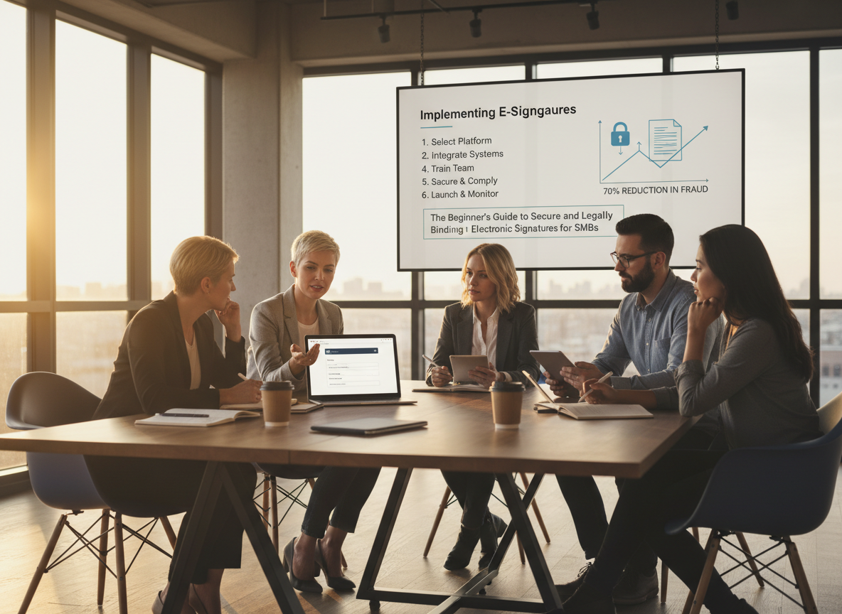 Small business owners in a co-working space collaborating on implementing an electronic signature platform, with a checklist displayed on a whiteboard.