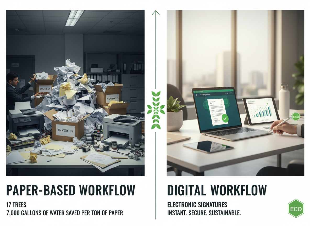 A split-screen comparison of paper-based workflows versus digital e-signature solutions, highlighting environmental and cost benefits.