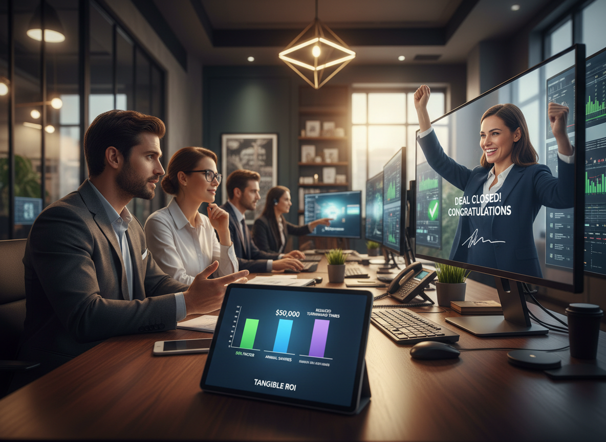 A real estate office showing agents reviewing contracts digitally, with bar charts highlighting savings, productivity gains, and faster deal closures.