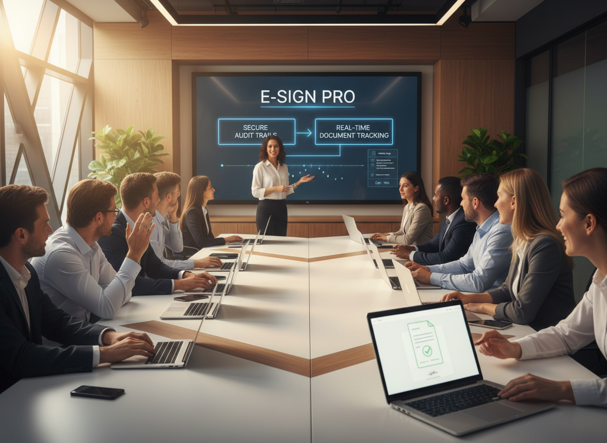 A training room showing employees learning an e-signature platform on laptops, with a trainer presenting a live demo on a large screen.
