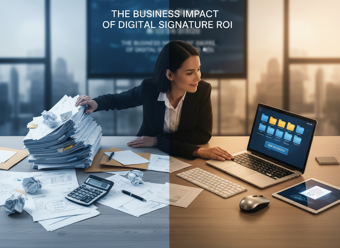 A cluttered desk with paper documents compared to a sleek digital workspace, illustrating cost savings with digital signatures.