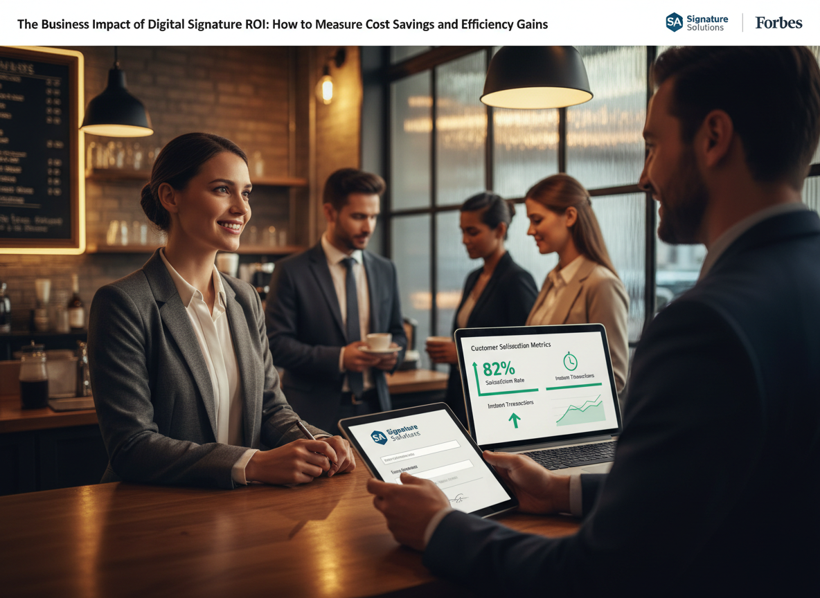 A café scene showing a customer signing digitally while a business owner monitors satisfaction metrics, illustrating convenience and scalability.