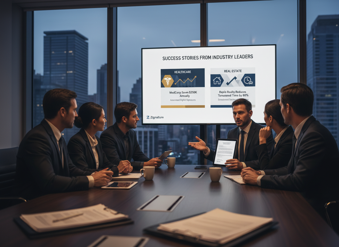 Executives in a boardroom reviewing a presentation of case studies, highlighting cost savings and efficiency gains from digital signature adoption.