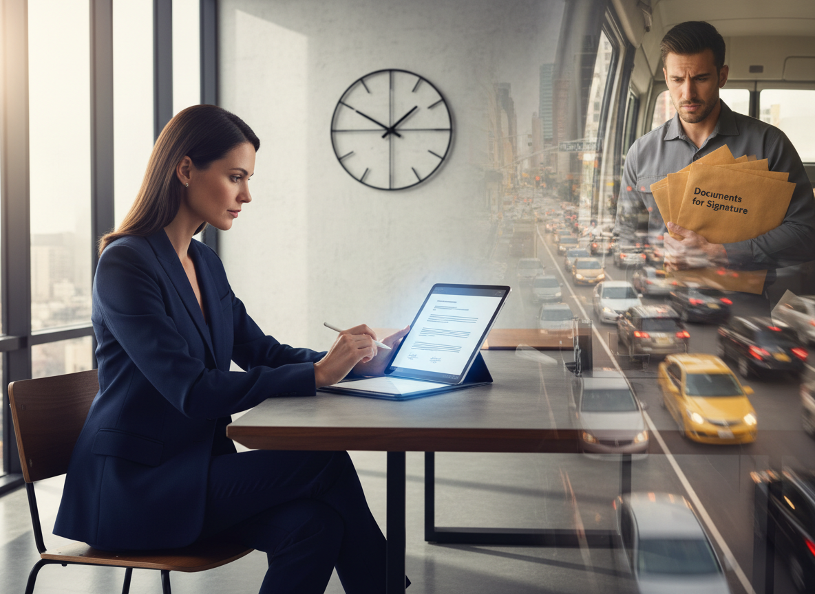 Modern office setting with a businesswoman digitally signing a document on a tablet, contrasted with a courier stuck in traffic holding envelopes, illustrating time saved by digital signatures.