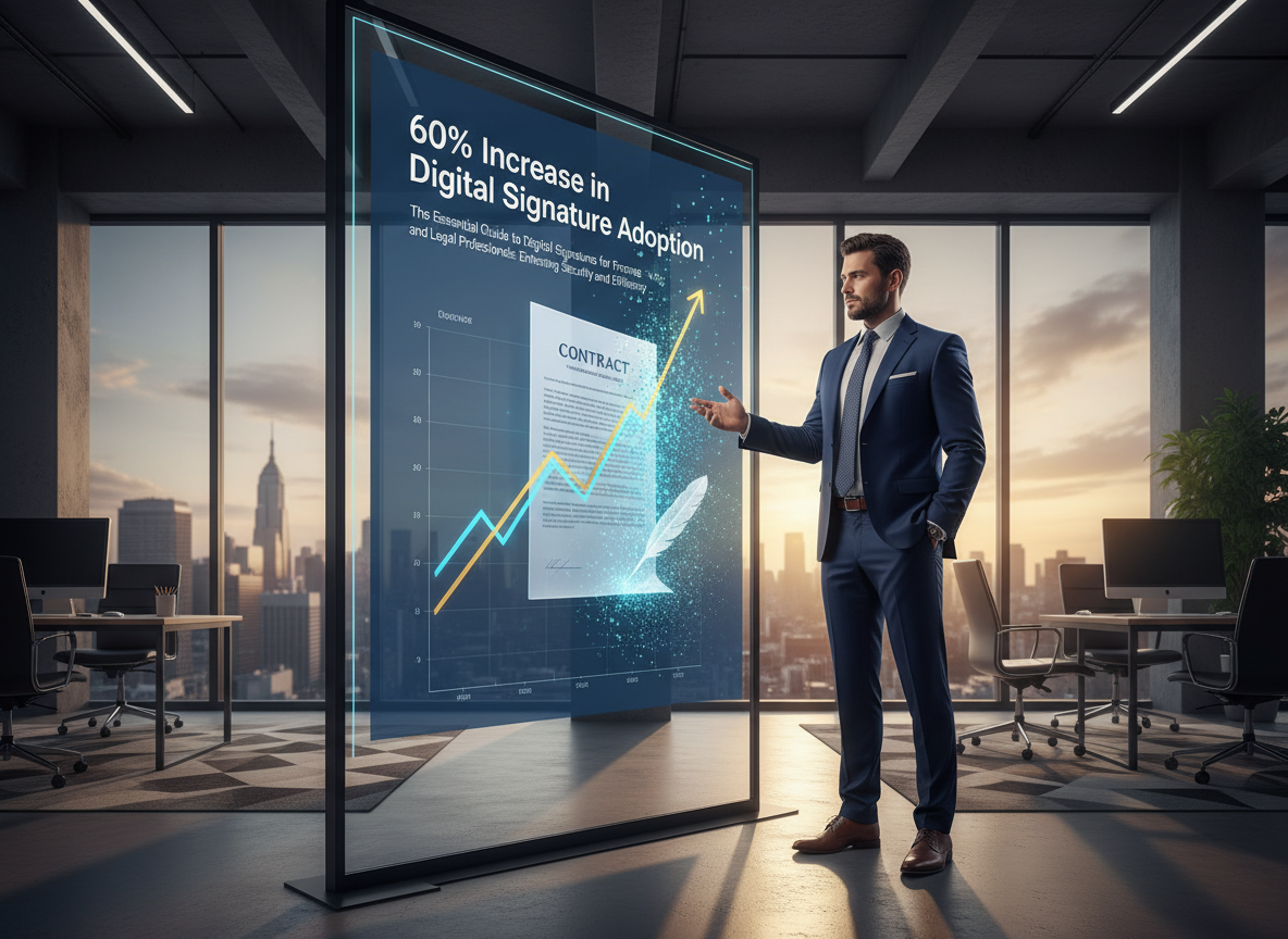 Finance professional in modern office with digital display showing 60% rise in digital signatures, symbolizing innovation.