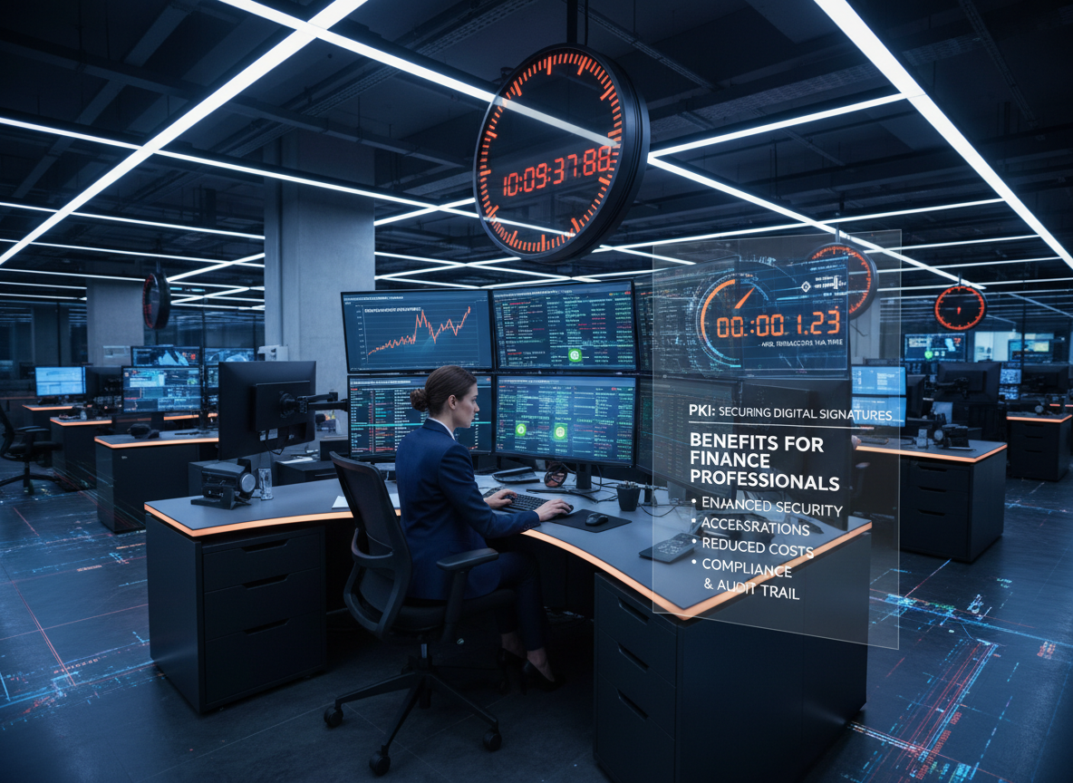 Finance manager on trading floor with digital screens and stopwatch graphic, highlighting reduced transaction times.