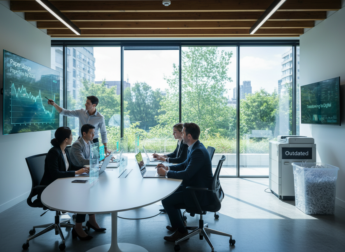 Eco-friendly office with employees using digital devices and a glowing graph showing declining paper usage, symbolizing paperless workflows.