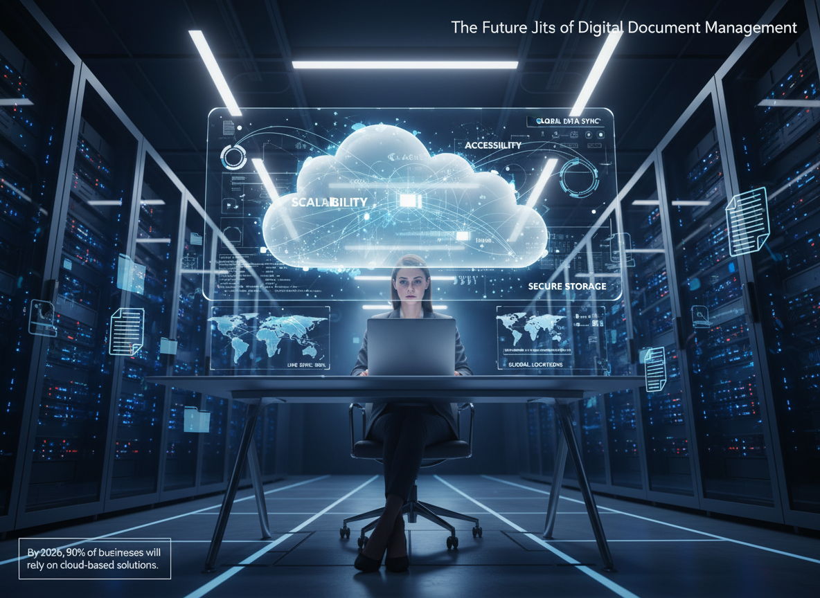 High-tech server room with cloud-based document storage overlays and a business analyst accessing files, symbolizing cloud ecosystem integration.