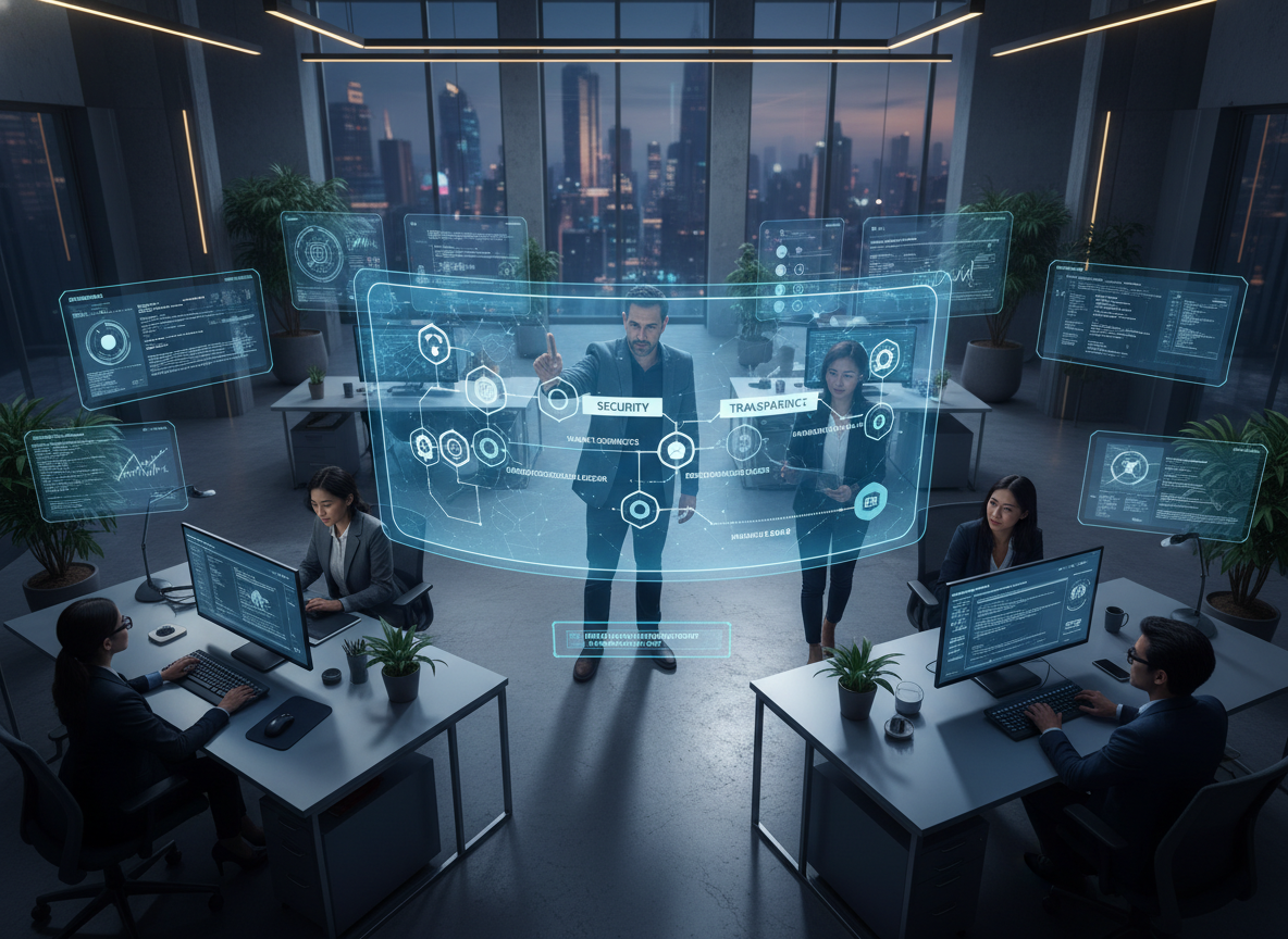 A co-working space with tech developers examining a digital screen showing a blockchain network, illustrating how blockchain enhances security and transparency for digital signatures by 2027.