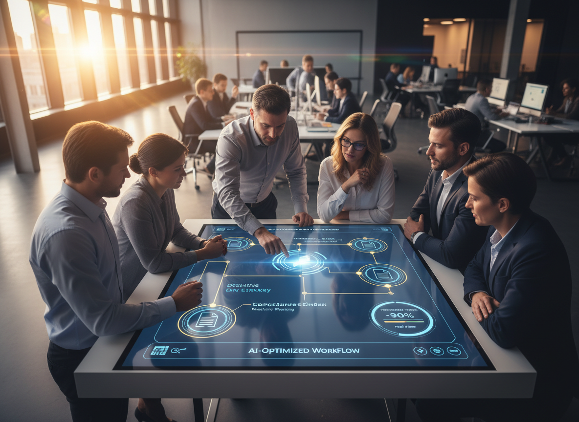 Team in a co-working space interacting with an AI-optimized document workflow displayed on a touchscreen table, showcasing efficiency and collaboration.