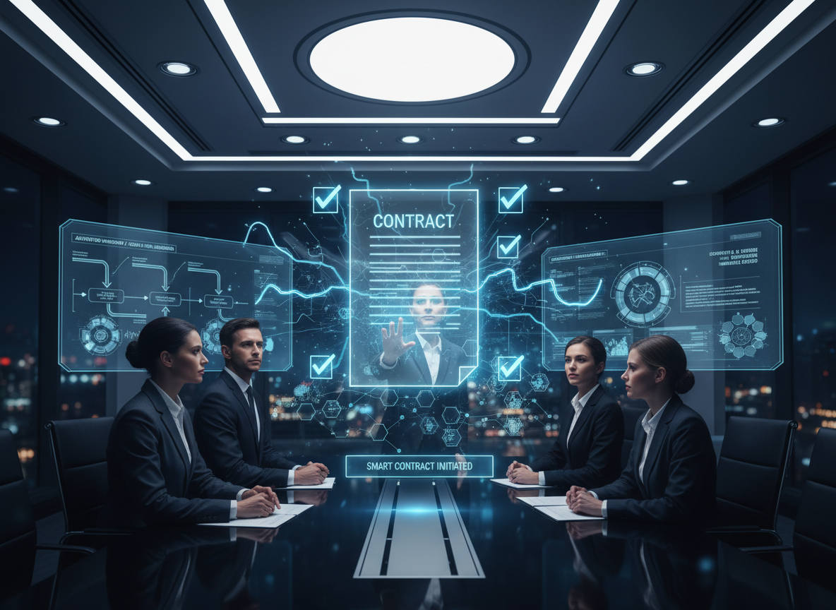 A futuristic conference room with holographic screens showing animated workflows and a floating digital contract surrounded by checkmarks and signatures.