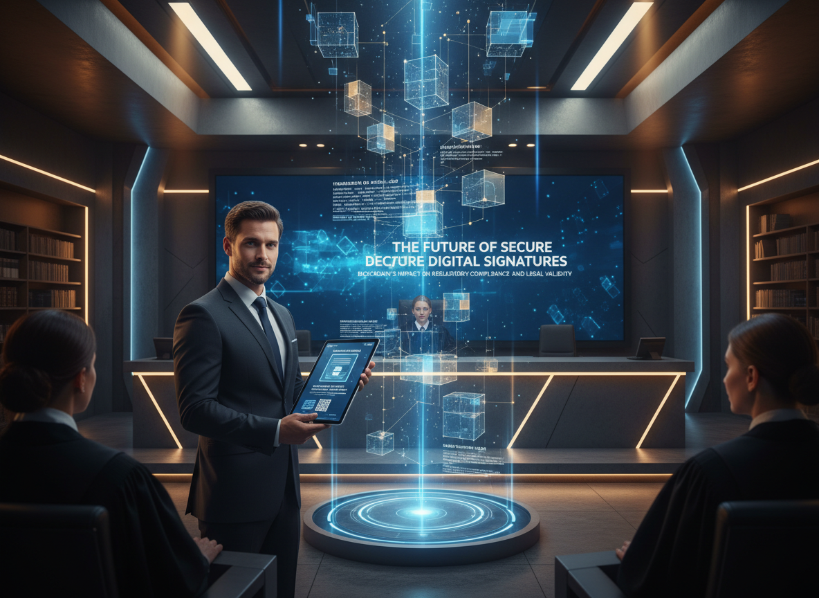 A modern courtroom with holographic displays showing blockchain transaction logs, a lawyer presenting immutable records to the judge.