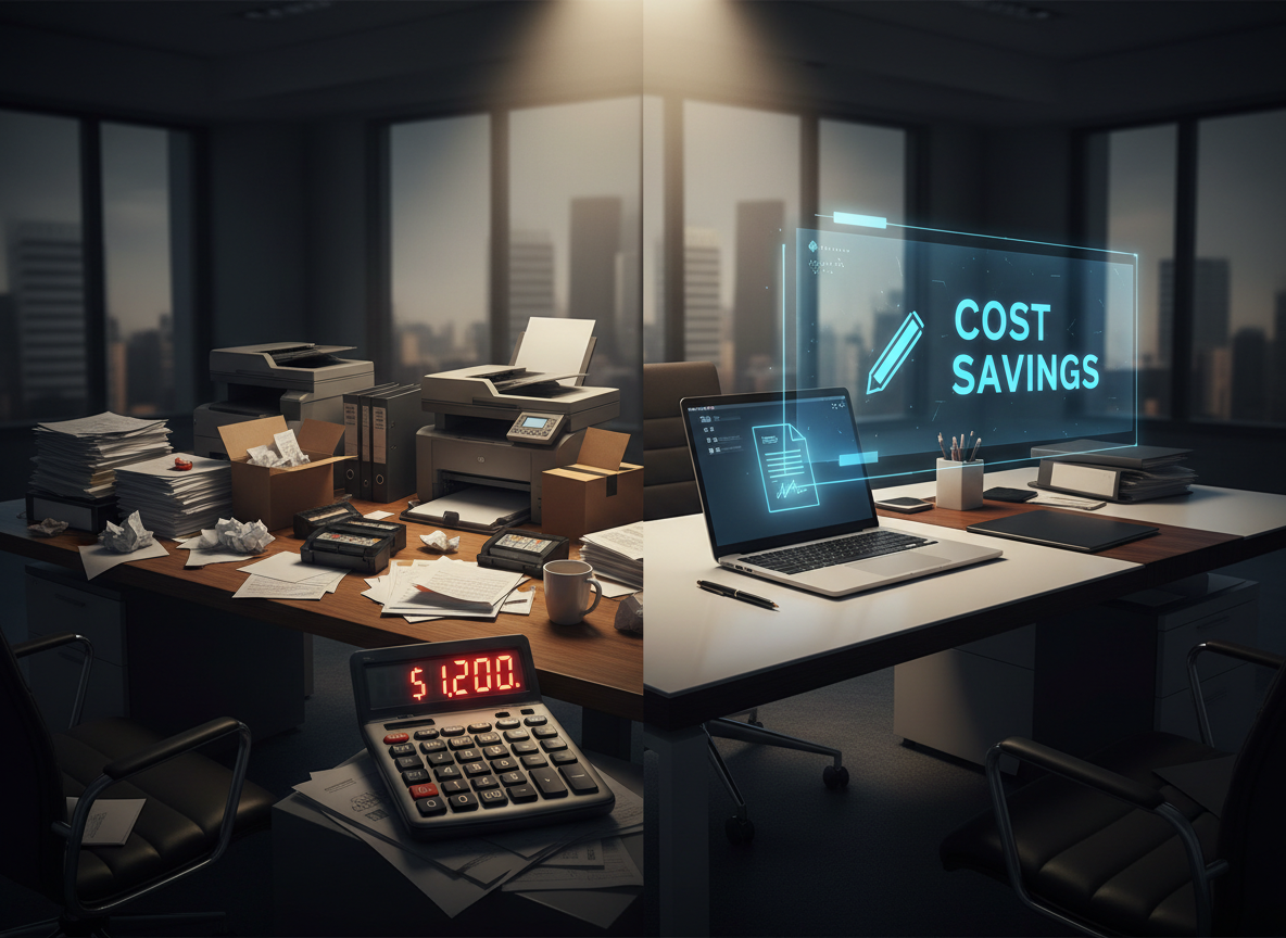 A cluttered desk filled with paper-related expenses contrasted with a clean, minimalist desk showing digital signature cost savings.