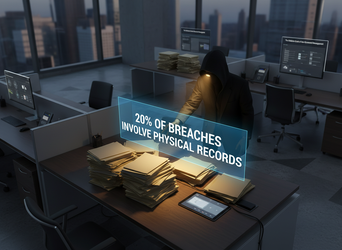 An overhead view of a busy office showing unattended files and a shadowy figure reaching for them, symbolizing security risks in manual document management.