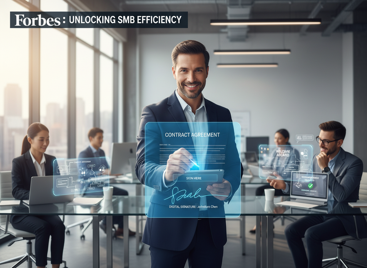 A vibrant co-working space showing professionals using digital tools for signing contracts, onboarding employees, and managing workflows, representing the efficiency of digital signatures.