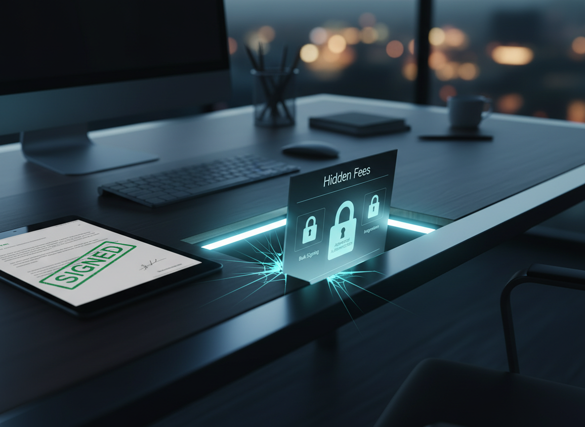 A contract marked 'SIGNED' sits on a desk, while a trapdoor labeled 'Hidden Fees' reveals locked icons for premium features like bulk signing and integrations.