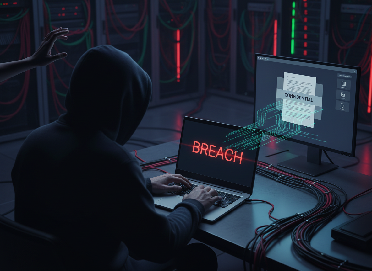 A hacker in a server room accesses a 'Confidential' document through a free digital signature tool, with data visibly leaking into their laptop.