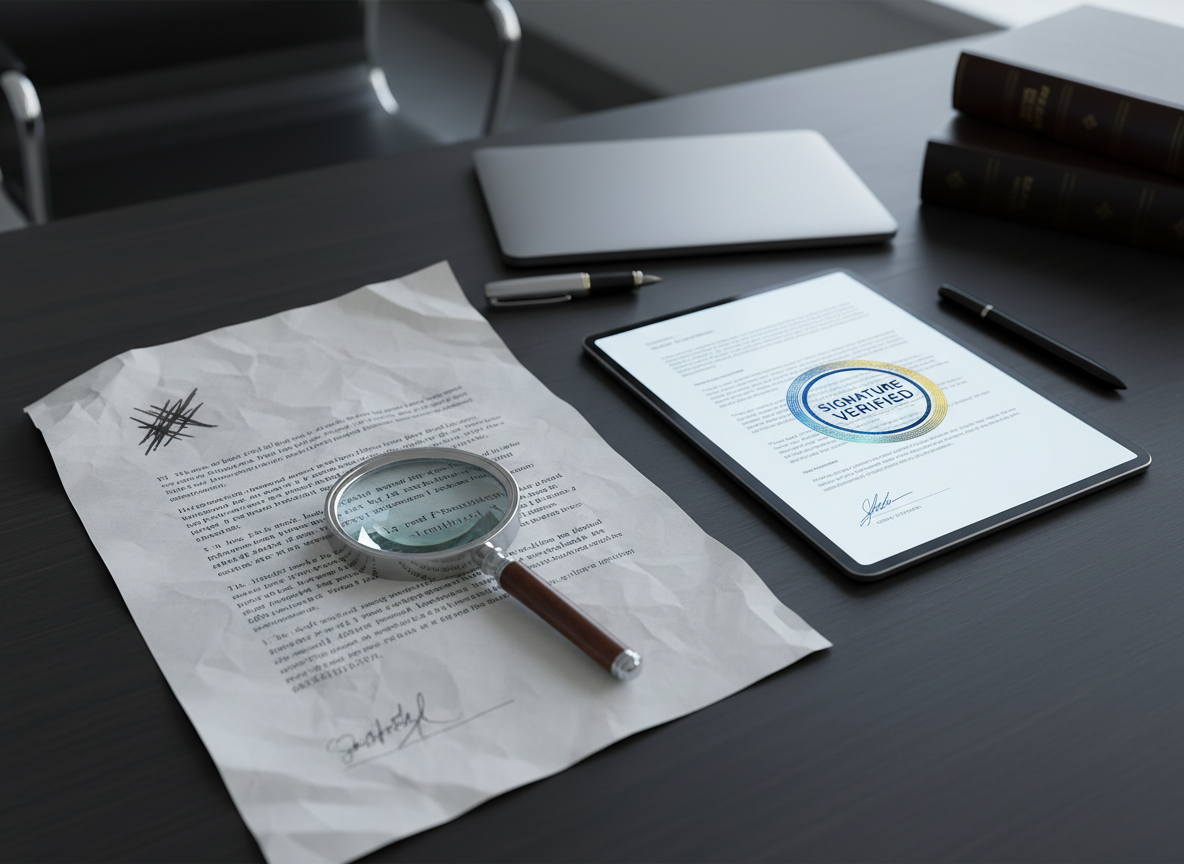 A tampered document versus a digitally signed document with a holographic 'Signature Verified' stamp shown side by side on a desk.