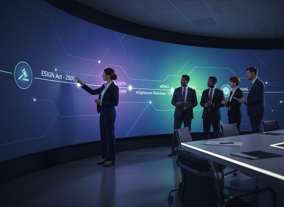 A futuristic digital timeline showing key milestones in digital signature regulations, including the ESIGN Act and eIDAS, in a conference setting.