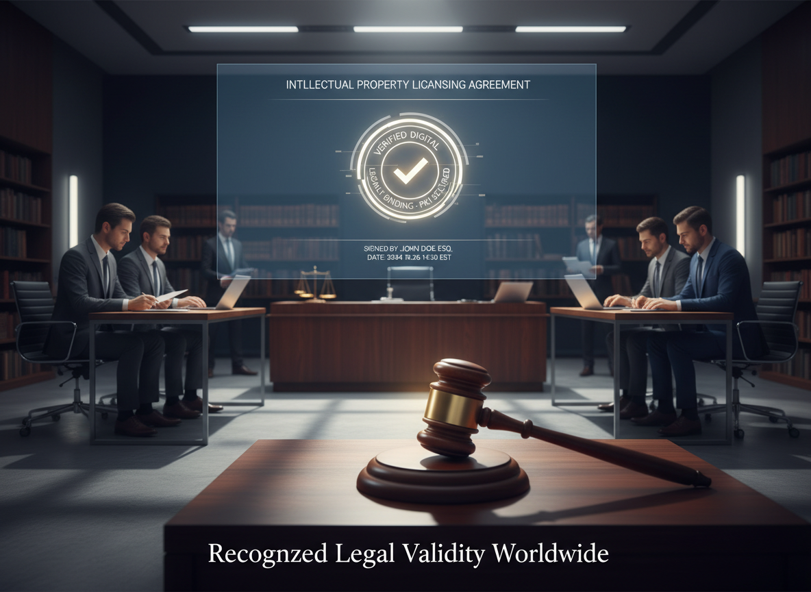 A courtroom scene with a judge's gavel and a digital screen displaying a signed document with a verified stamp.