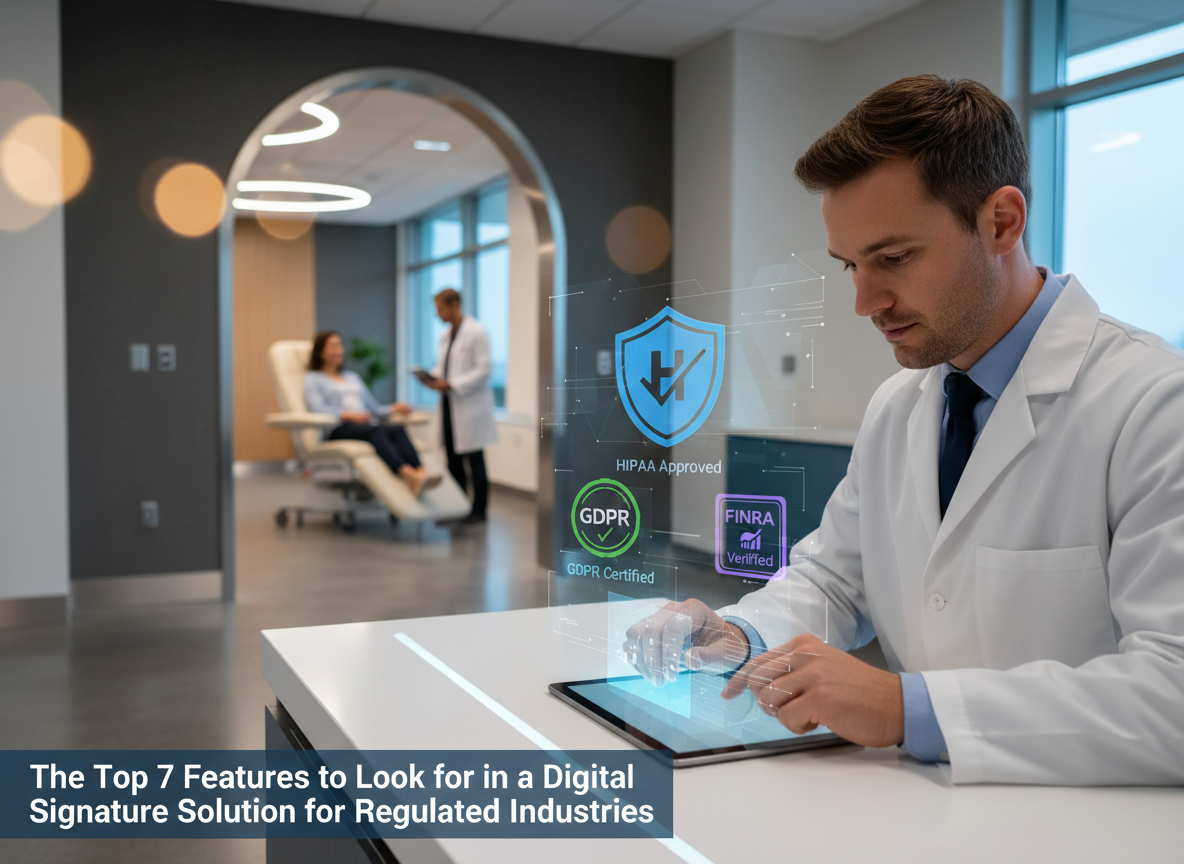 A doctor reviews digital forms on a tablet with holographic compliance stamps such as HIPAA, GDPR, and FINRA displayed.