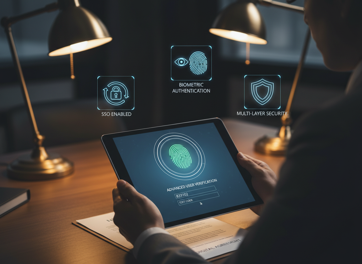 A lawyer in an office uses a tablet with fingerprint and two-factor authentication prompts, surrounded by holographic security icons.