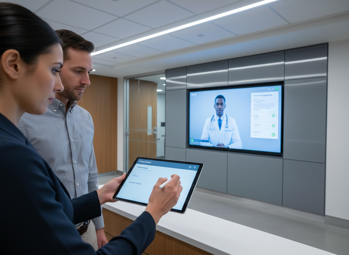 A hospital reception area showcasing e-signatures being used for patient intake, consent forms, and telemedicine workflows.