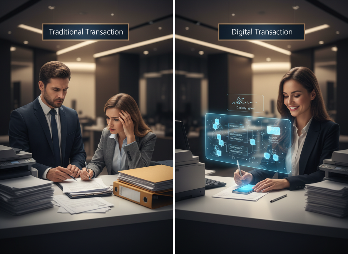 A modern bank interior displaying both traditional paper-based transactions and efficient digital signature workflows with blockchain integration.