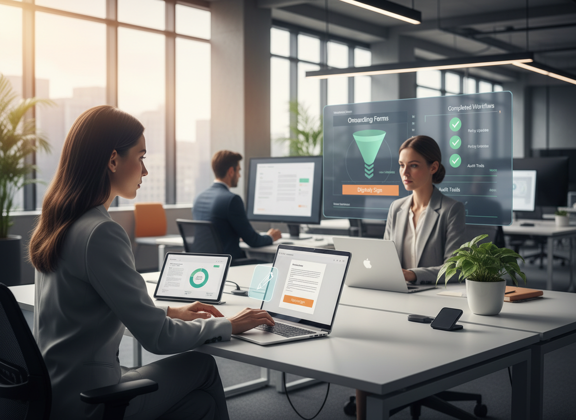 An open-plan office showing HR workflows enhanced by digital signatures for onboarding, benefits enrollment, and policy updates.