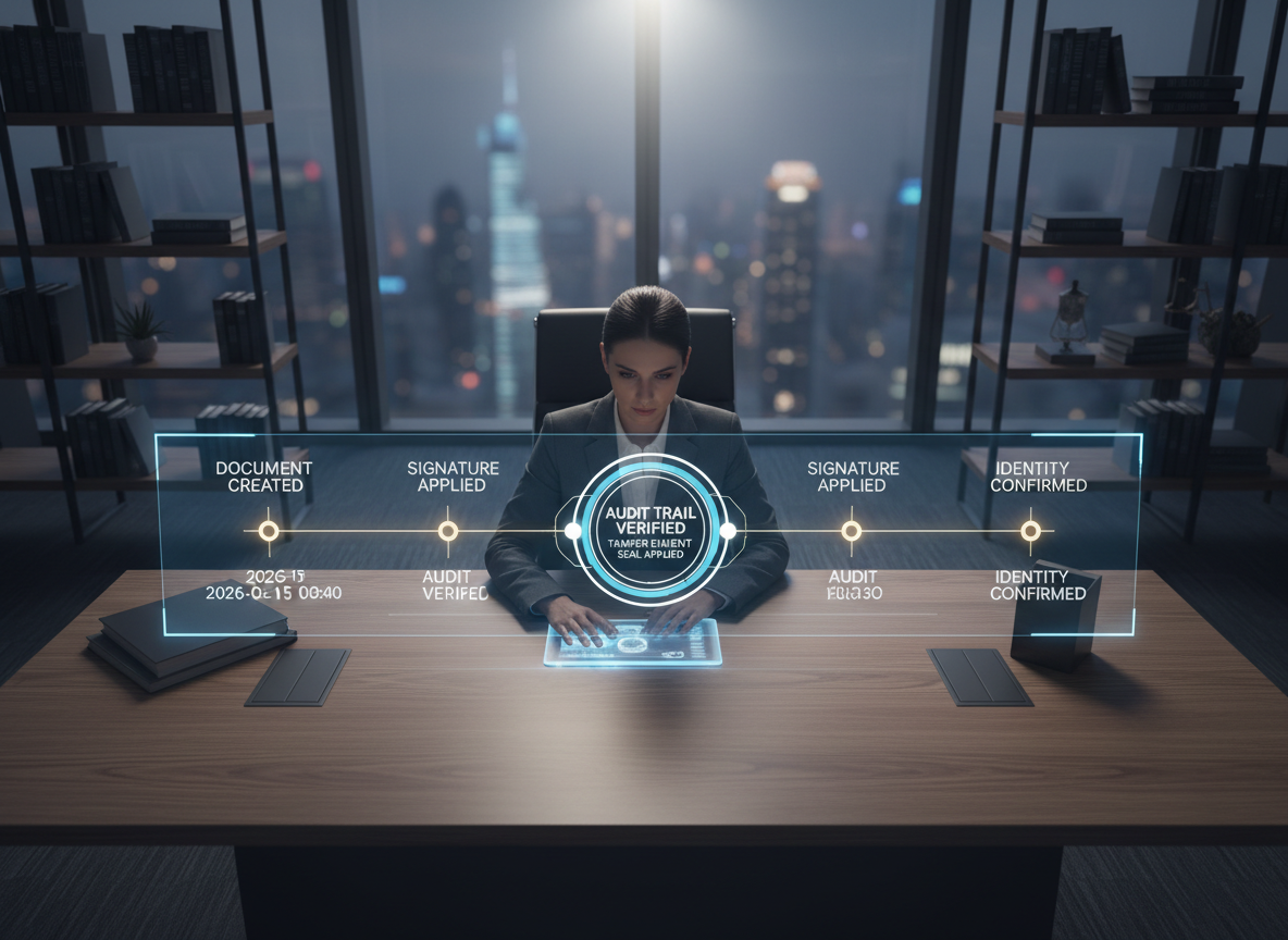 A legal professional reviewing a holographic timeline of audit trails with time-stamped labels and tamper-evident seals.