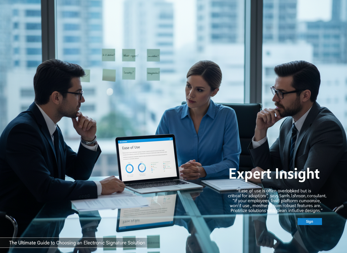 Professionals in a conference room discussing an e-signature platform dashboard labeled 'Ease of Use,' with sticky notes behind them showing critical questions.
