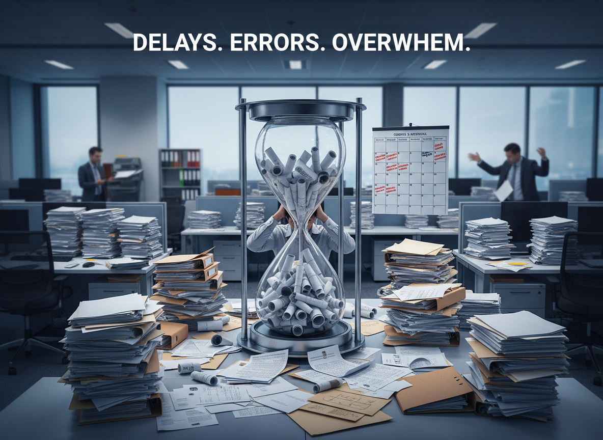 A chaotic office scene with stacks of paper contracts and a bottleneck metaphor illustrating delays in traditional contract management.