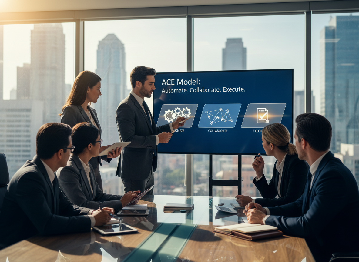 A business team collaborates around a digital whiteboard displaying the Zignature ACE model for efficient contract management.