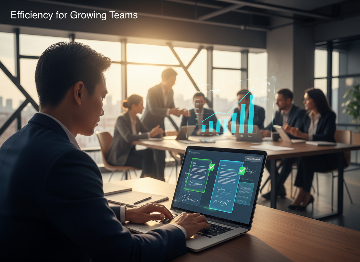 A business owner using a laptop to sign documents digitally, with holographic graphs showing operational growth and team collaboration in the background.