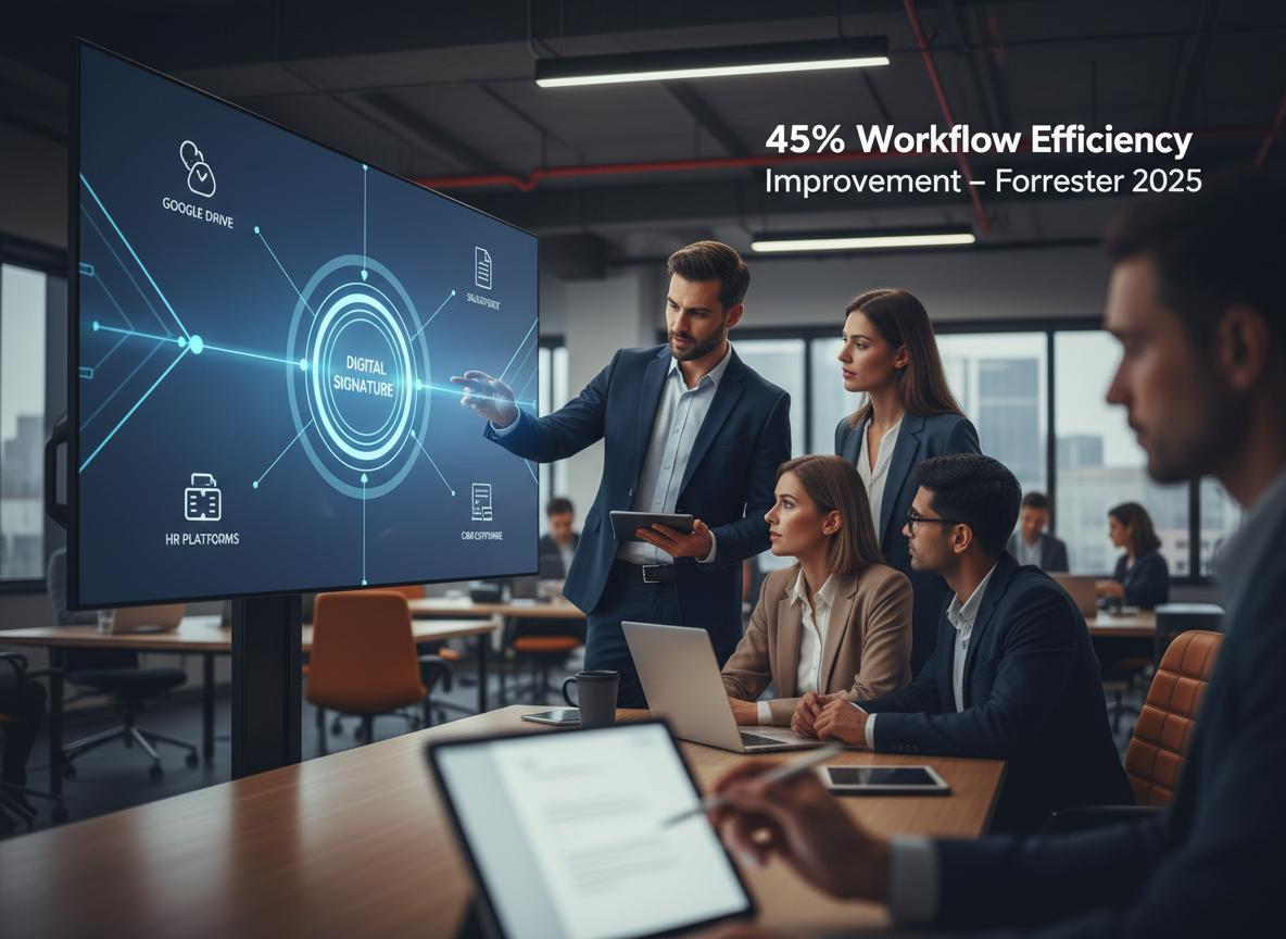 Diagram showcasing digital signature integration with Google Drive, Salesforce, and HR platforms in a collaborative workspace.