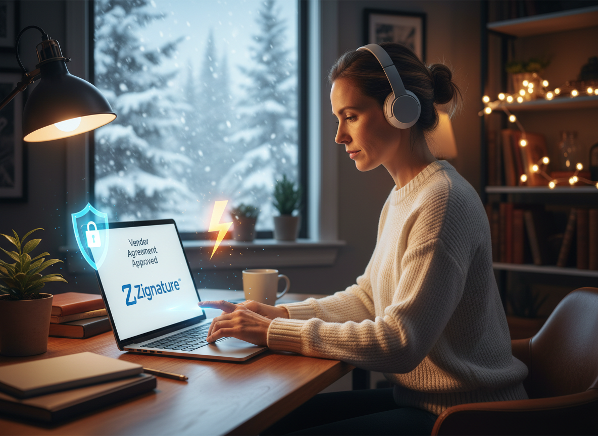 Remote worker signing a vendor contract digitally during a snowstorm, with security and speed icons symbolizing trust and efficiency.