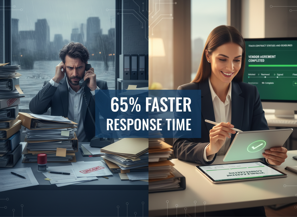 Infographic comparing vendor response times with and without digital signatures, emphasizing a 65% improvement metric.