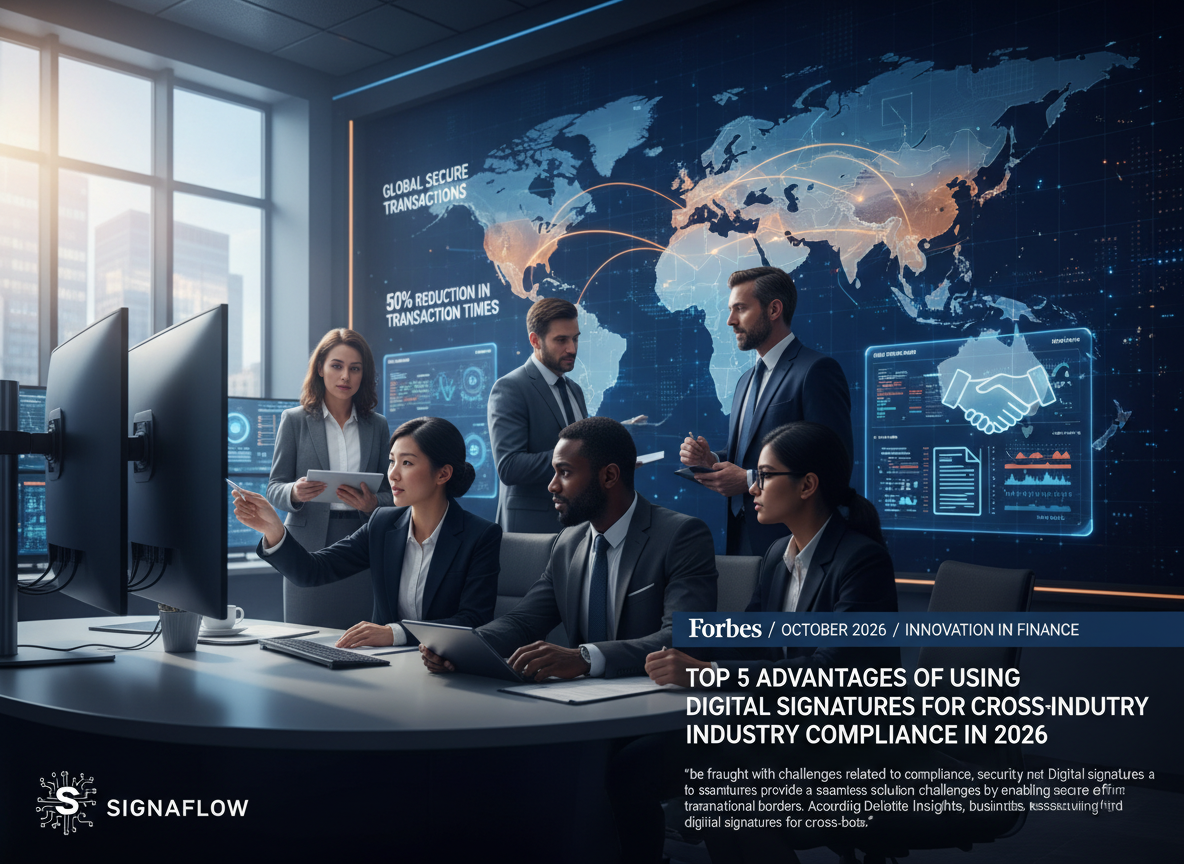 Business professionals in a video conference with digital map illustrating efficient cross-border transactions using digital signatures.