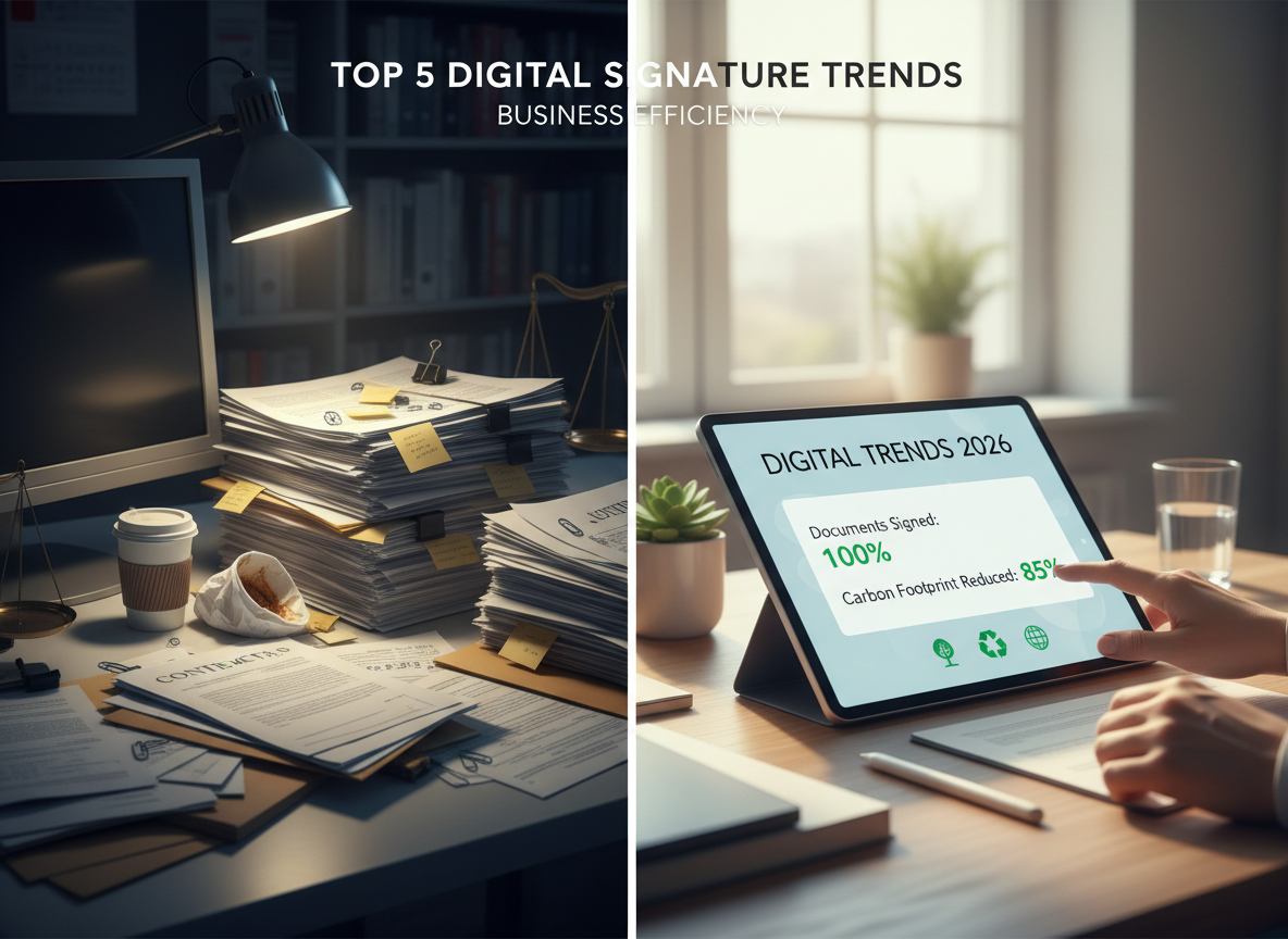 A side-by-side comparison of paper contracts versus digital workflows, emphasizing carbon footprint reduction and efficiency.