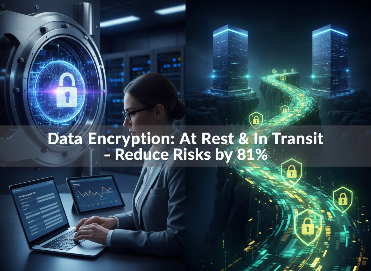 Split-screen visual showing secure data vault for data at rest and encrypted pathways for data in transit, with a professional reviewing compliance reports.