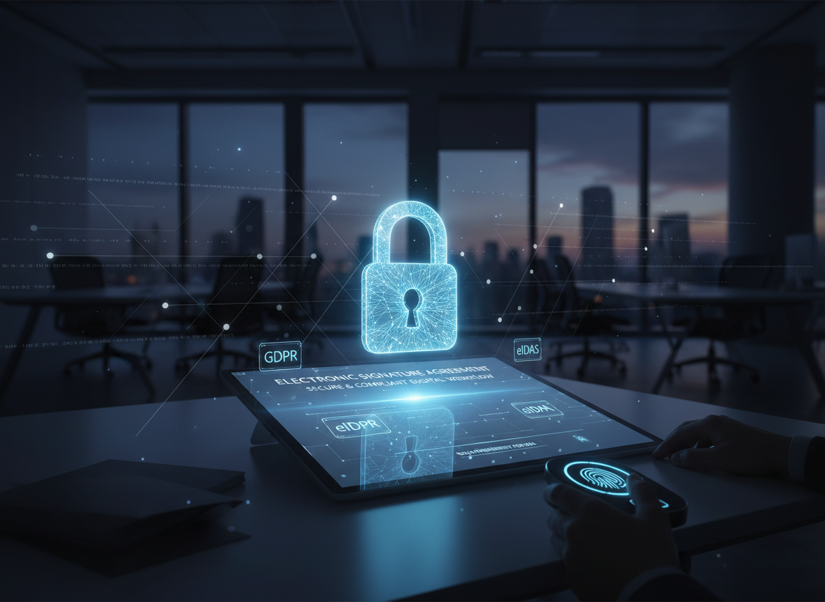 A glowing digital lock over a document with compliance stamps like GDPR, HIPAA, and eIDAS, symbolizing secure and compliant workflows.