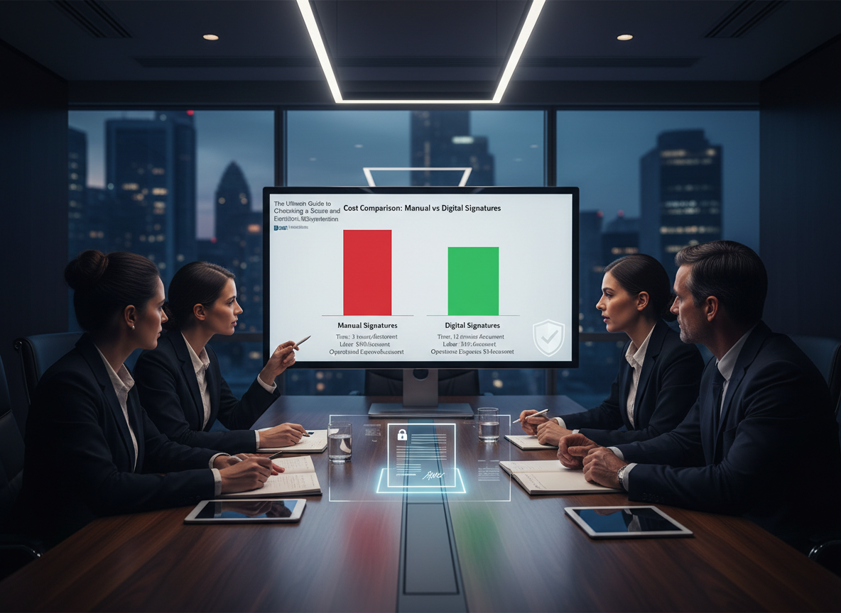 Side-by-side bar chart comparing the costs of manual vs digital signatures, highlighting savings in time, labor, and expenses.