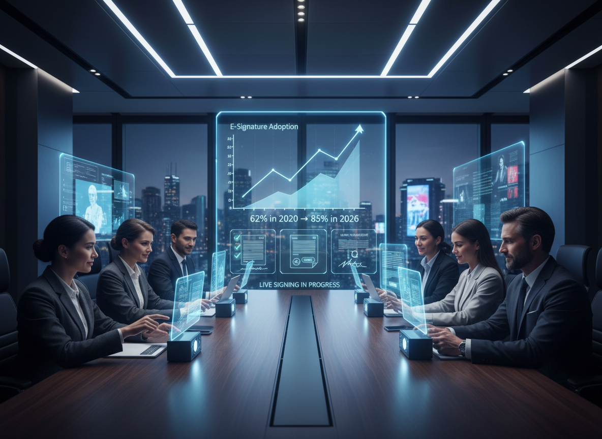 A futuristic corporate boardroom with holographic screens showing live document signing and a graph labeled 'E-Signature Adoption: 62% in 2020 → 85% in 2026.'